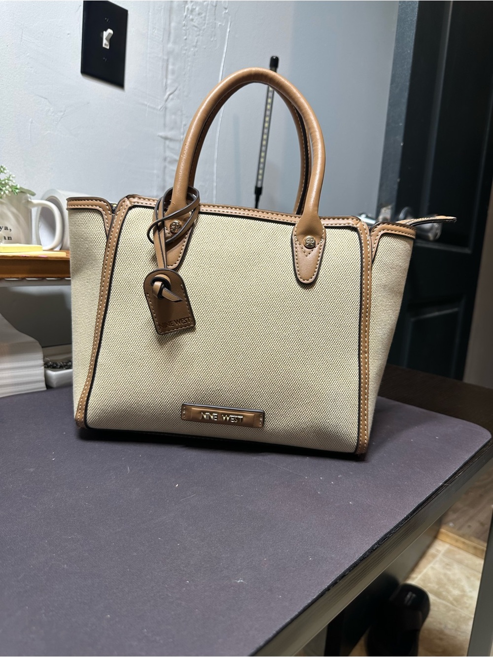 Nine West Beige and Tan Canvas Satchel